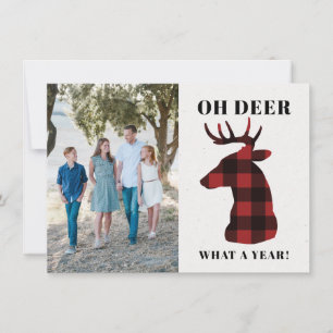 Funny Oh Deer What a Year Buffalo Plaid Photo Feestdagenkaart