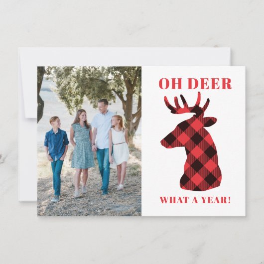 Funny Oh Deer What a Year Buffalo Plaid Photo Feestdagenkaart (Voorkant)