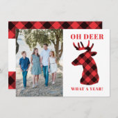 Funny Oh Deer What a Year Buffalo Plaid Photo Feestdagenkaart (Voorkant / Achterkant)