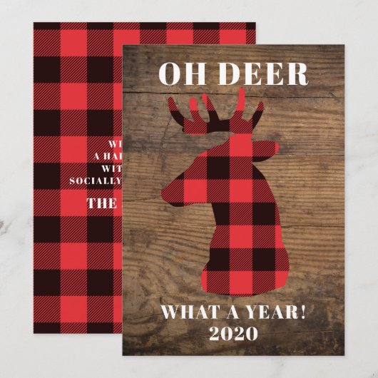 Funny Oh Deer What a Year Buffalo Plaid Wood Feestdagenkaart (Voorkant / Achterkant)