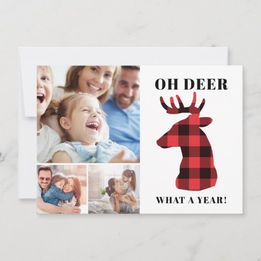 Funny Oh Deer What a Year Plaid Photo Collage Feestdagenkaart (Voorkant)
