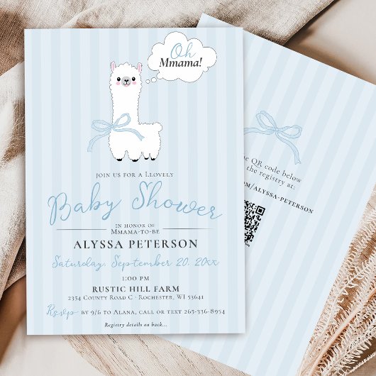 Funny Oh Mmama Llama Cute Blue Baby Boy Shower Kaart