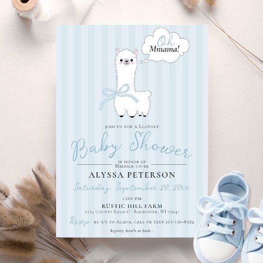 Funny Oh Mmama Llama Cute Blue Baby Boy Shower Kaart