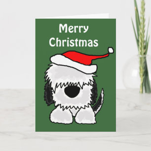 Funny Old English Sheepdog in Santa Hat Feestdagen Kaart