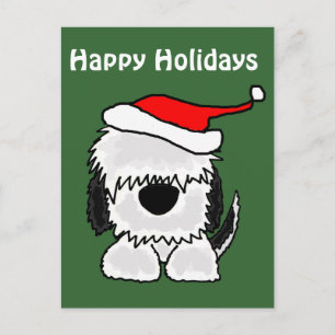 Funny Old English Sheepdog in Santa Hat Feestdagenkaart
