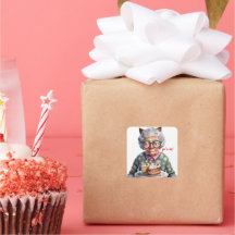 Funny Old Lady Cat Birthday Sticker