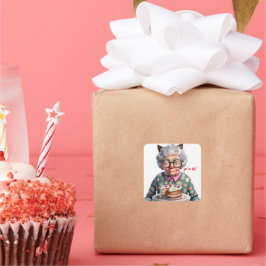 Funny Old Lady Cat Birthday Sticker