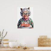 Funny Old Lady met Cat Ears Birthday Poster (Keuken)