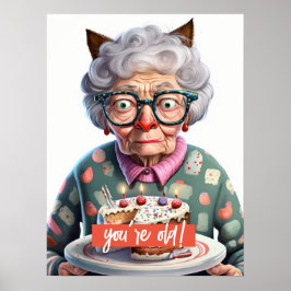 Funny Old Lady met Cat Ears Birthday Poster
