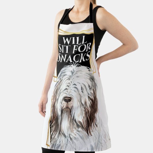 Funny old sheepdog zit op snacks voor waterverf ku schort (Insitu)