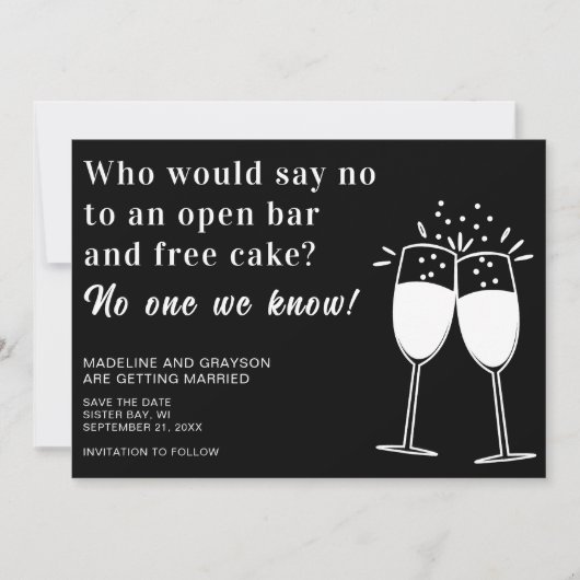 Funny Open Bar Free Cake Wedding Save the Date (Voorkant)