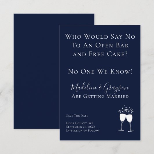Funny Open Bar Free Cake Wedding Save the Date (Voorkant / Achterkant)