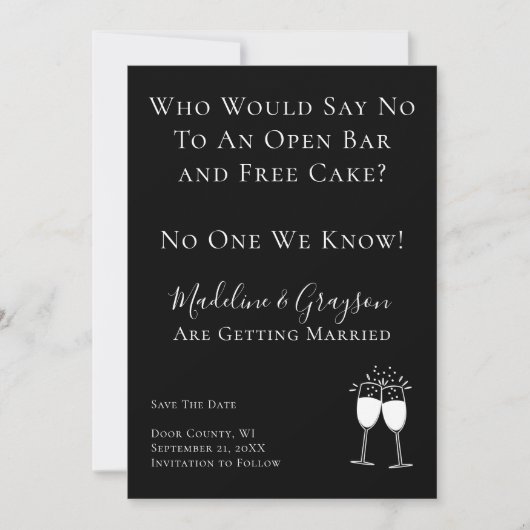 Funny Open Bar Free Cake Wedding Save the Date (Voorkant)