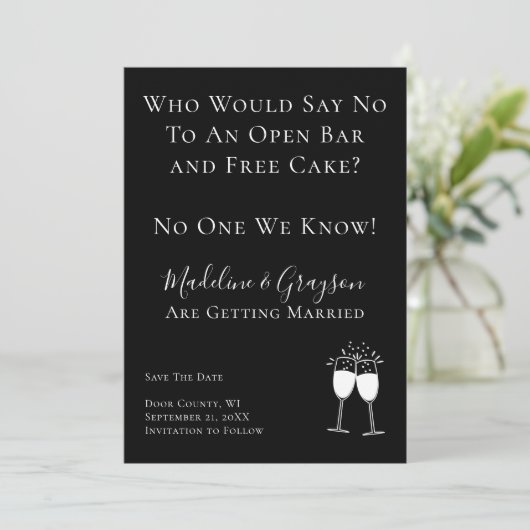 Funny Open Bar Free Cake Wedding Save the Date (Staand voorkant)