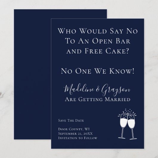 Funny Open Bar Free Cake Wedding Save the Date (Voorkant / Achterkant)