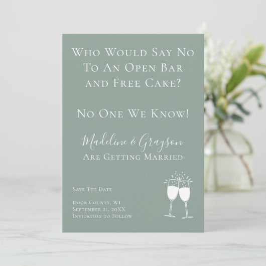 Funny Open Bar Free Cake Wedding Save the Date (Staand voorkant)