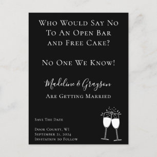 Funny Open Bar Free Cake Wedding Save the Date Aankondigingskaart