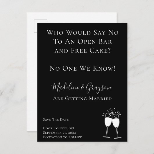 Funny Open Bar Free Cake Wedding Save the Date Aankondigingskaart (Voorkant / Achterkant)