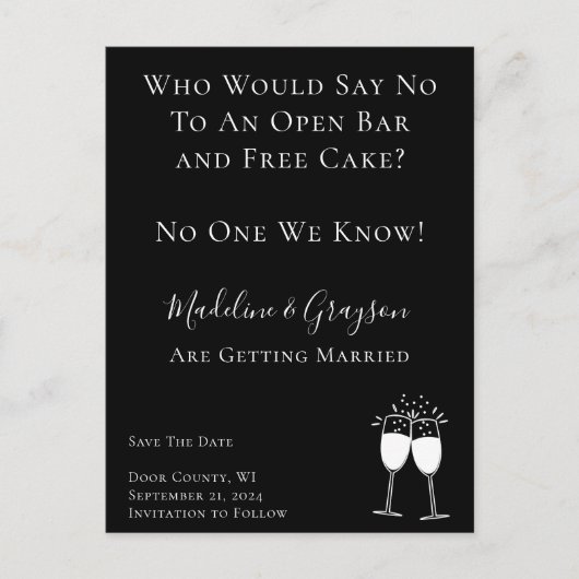 Funny Open Bar Free Cake Wedding Save the Date Aankondigingskaart (Voorkant)