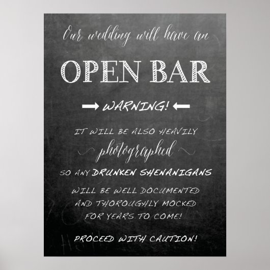 Funny Open Bar Wedding-teken | Chalkboardstijl Poster (Voorkant)
