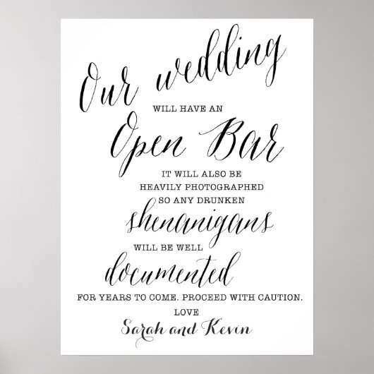 Funny Open Bar Wedding-teken | Persoonlijke namen Poster (Voorkant)