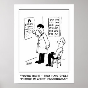 Funny Optician Cartoon heeft Optician and Eye Test Poster
