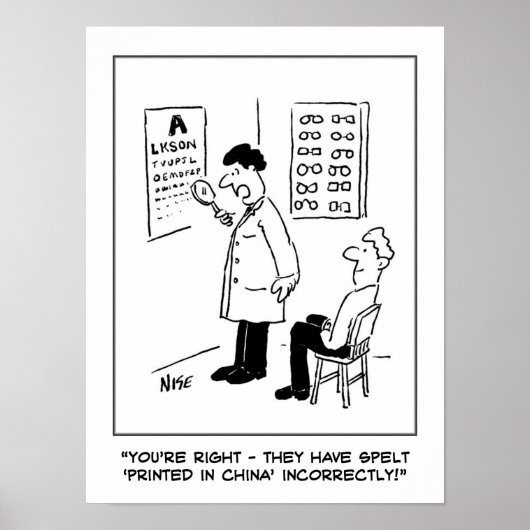 Funny Optician Cartoon heeft Optician and Eye Test Poster (Voorkant)