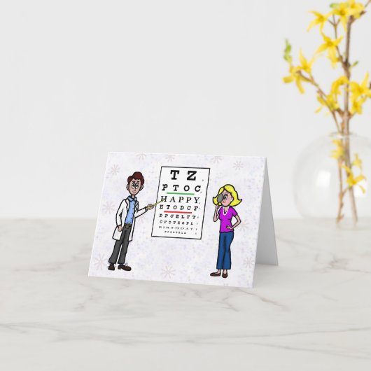 Funny Optometrist and Patient Birthday Kaart (Gele Bloem)