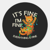 Funny Orange Cat Christmas Light It's Fine I'm Fin Ronde Sticker (Voorkant)
