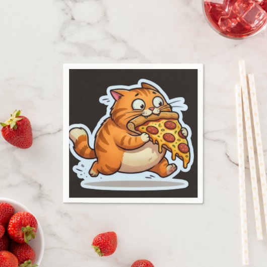 Funny Orange Cat Eating Pizza Cartoon Servet (Insitu)