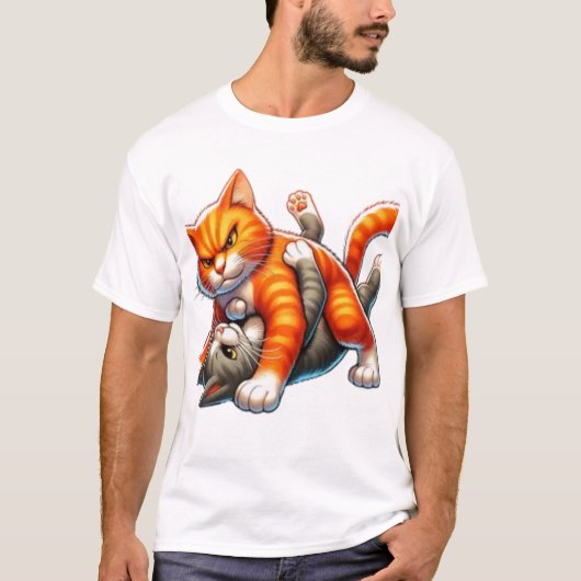 Funny Orange Cat Wrestling Cartoon T-shirt (Voorkant)