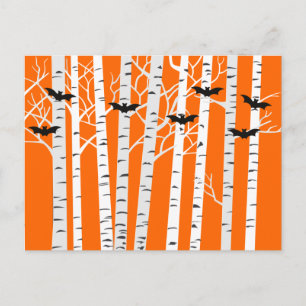 Funny Oranje Birch Forest met Halloween Bats Briefkaart