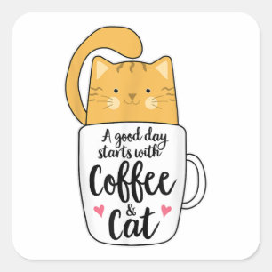 Funny Oranje Cat Coffee Mok Cat Lover Vierkante Sticker