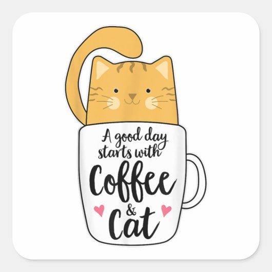 Funny Oranje Cat Coffee Mok Cat Lover Vierkante Sticker (Voorkant)