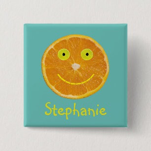 Funny Oranje Fruit Smiling Face Kinder Name Vierkante Button 5,1 Cm