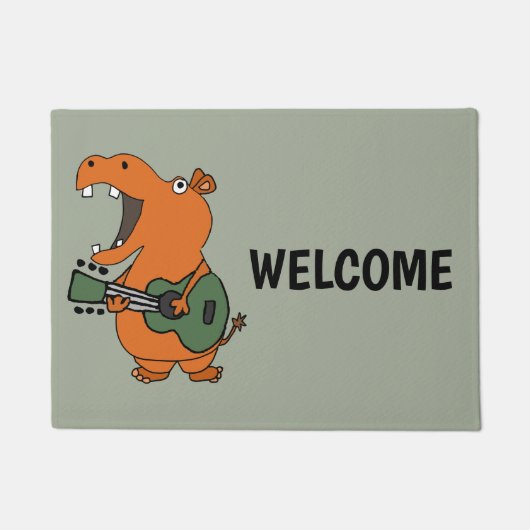 Funny Oranje Hippo Play Guitar Deurmat (Voorkant)