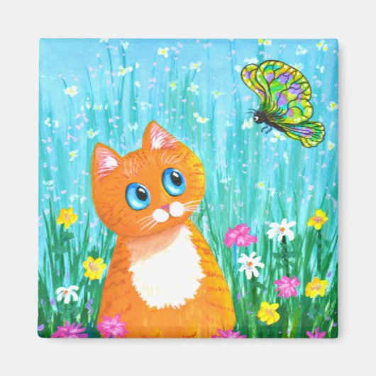 Funny Oranje Tabby Cat Butterfly Creationarts Magneet (Voorkant)