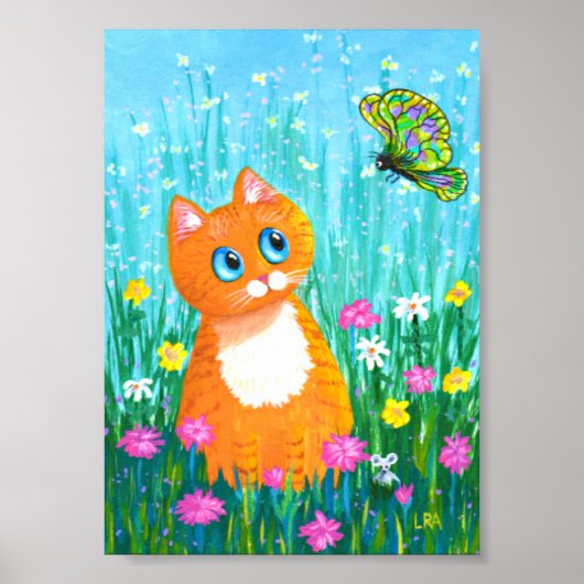 Funny Oranje Tabby Cat Butterfly Creationarts Poster (Voorkant)