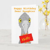 Funny Ostrich, Daughter, naam toevoegen, Verjaarda Kaart (Gele Bloem)