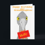 Funny Ostrich, Granddaughter, add name, Birthday Kaart<br><div class="desc">A drawing of a cute and funny ostrict holding a gift with recipients name on it. Fully customisable birthday card. Versions for son,  daughter,  granddaughter,  Grandson,  or change the text.</div>