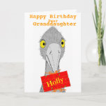 Funny Ostrich, Granddaughter, add name, Birthday Kaart<br><div class="desc">A drawing of a cute and funny ostrict holding a gift with recipients name on it. Fully customisable birthday card. Versions for son,  daughter,  granddaughter,  Grandson,  or change the text.</div>