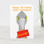 Funny Ostrich, Grandson, add name, Birthday Card Kaart<br><div class="desc">Een tekening van een schattig en grappig ostiek met een cadeautje met de naam van de ontvangers erop. Volledig aanpasbare verjaardagskaart. Voor een kleinzoon,  of verander de tekst. Versies voor zoon,  dochter,  kleindochter ook. Alle tekst kan worden gewijzigd,  als je iets anders nodig hebt.</div>