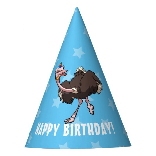 Funny Ostrich Happy Birthday Dancing Party Cartoon Feesthoedjes (Voorkant)