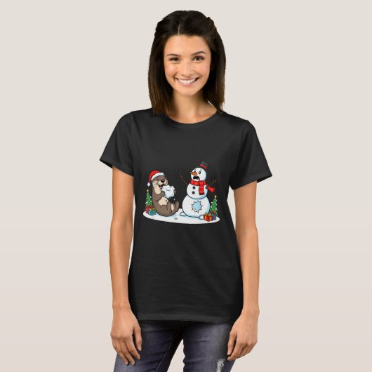 Funny Otter Snowman Christmas Tree Xmas Womens Men T-shirt (Voorkant volledig)