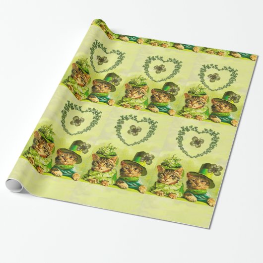 FUNNY OUDE FASHION ST.PATRICK'S DAY CATS MET HEART CADEAUPAPIER (Uitgerold)