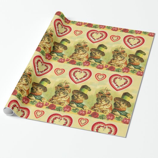 FUNNY OUDE FASHION VALENTIJNSDAG CATS, Hart, Rozen Cadeaupapier (Uitgerold)