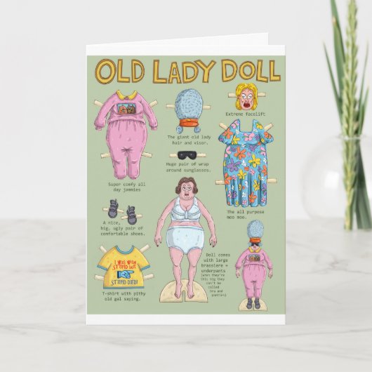 Funny Over the Hill Birthday - Old Lady Paper Doll Kaart (Voorkant)