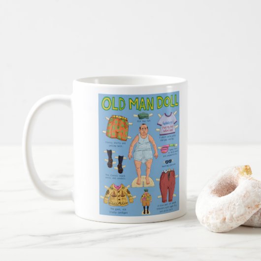 FUNNY Over the Hill - Old MAN Paper Doll. Koffiemok (Met donut)