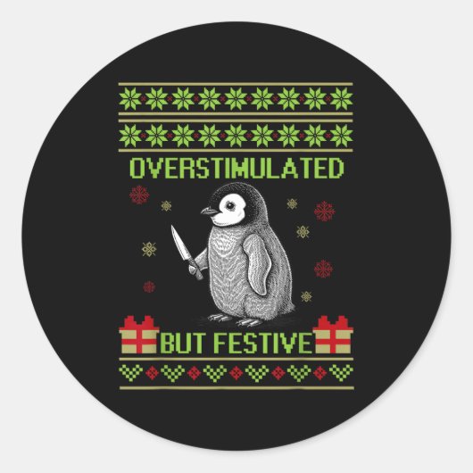 Funny Overstimulated But Festive Christmas Ugly Pe Ronde Sticker (Voorkant)