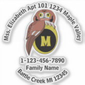 Funny Owl Monogram Contact Info Contour Sticker (Voorkant)